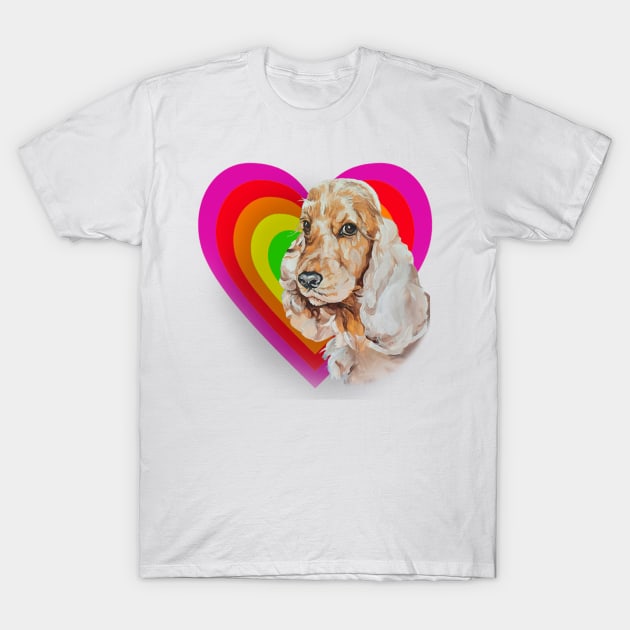 Big brown eyed cocker spaniel in a rainbow glowing heart T-Shirt by StudioFluffle